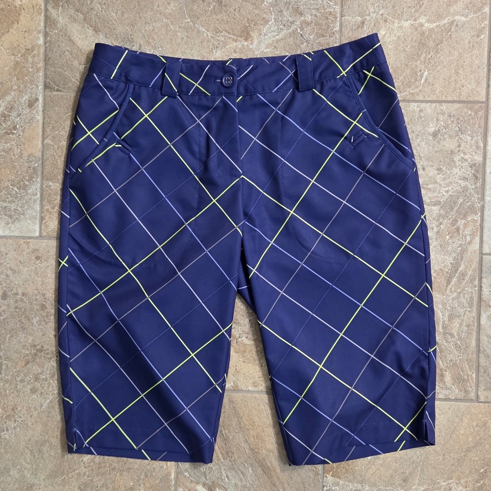 Nike Golf Dri-FIT Bermuda Shorts Womens 6 Navy Blue Neon Plaid